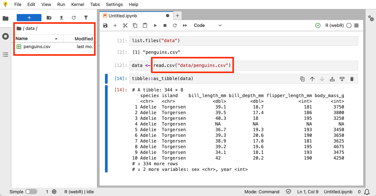Screenshot of JupyterLite running the webR kernel. A data file is shown uploaded to the JupyterLite UI and loaded into the webR session.