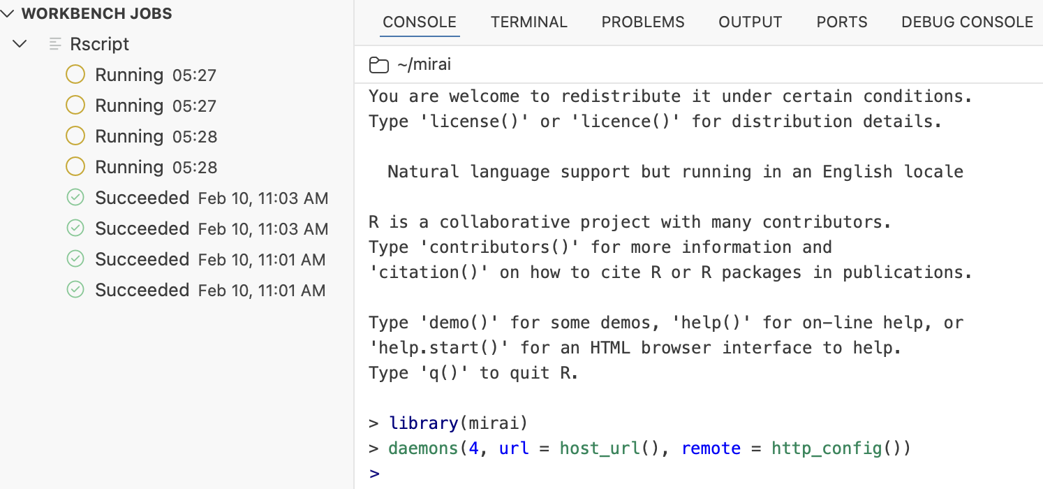 Posit Workbench session showing launched mirai daemons