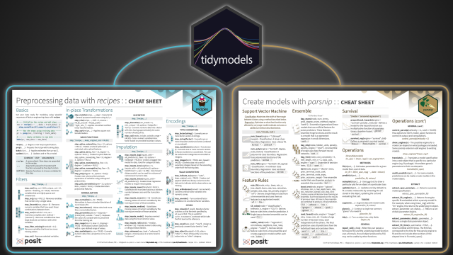 The tidymodels hex logo centered above side-by-side previews of the two new cheatsheets: Preprocessing data with recipes on the left and Create models with parsnip on the right, against a dark background.