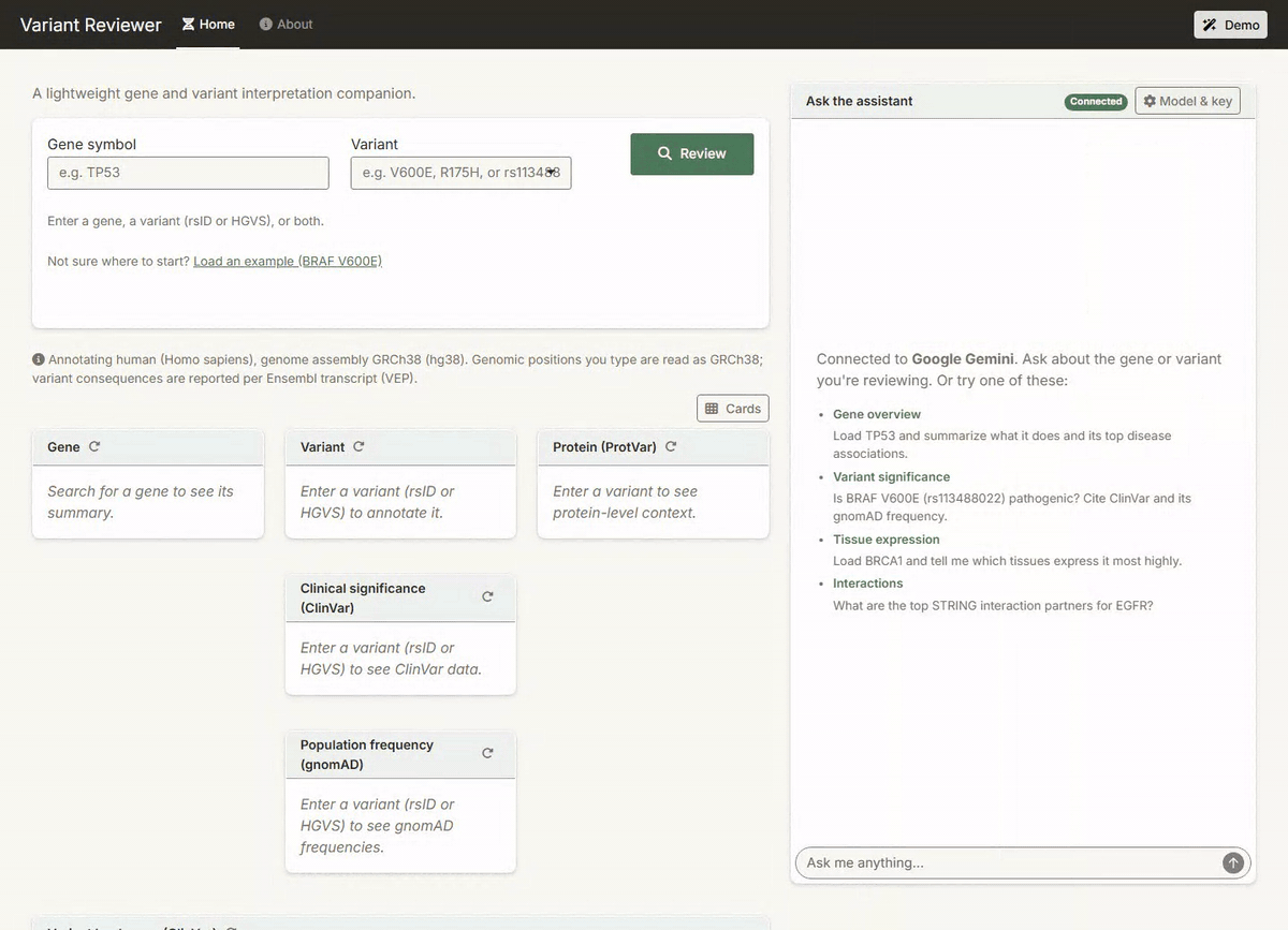 An animation of Variant Reviewer. Loading the BRAF V600E example fills the gene and variant boxes, and Review fills the cards: BRAF on the gene card, chr7:g.140753336A>T and p.Val600Glu on the variant card, UniProt P15056 at position 600 on the protein card, and conflicting classifications of pathogenicity on the ClinVar card. The assistant on the right is then asked what ClinVar and gnomAD say about this variant, and answers with the ClinVar classification and its conditions and a gnomAD exome frequency of 2 in 1,460,618 alleles.